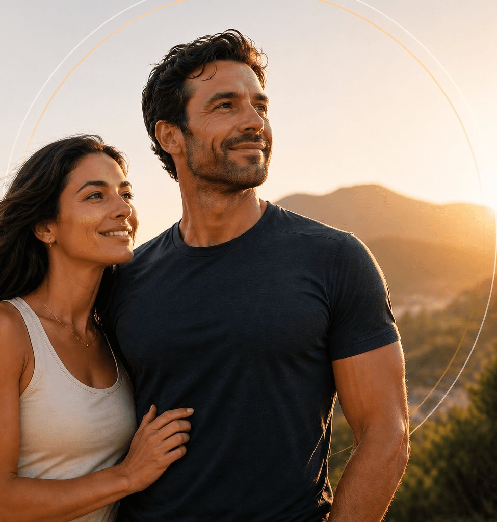 A man and woman outdoors at sunset
