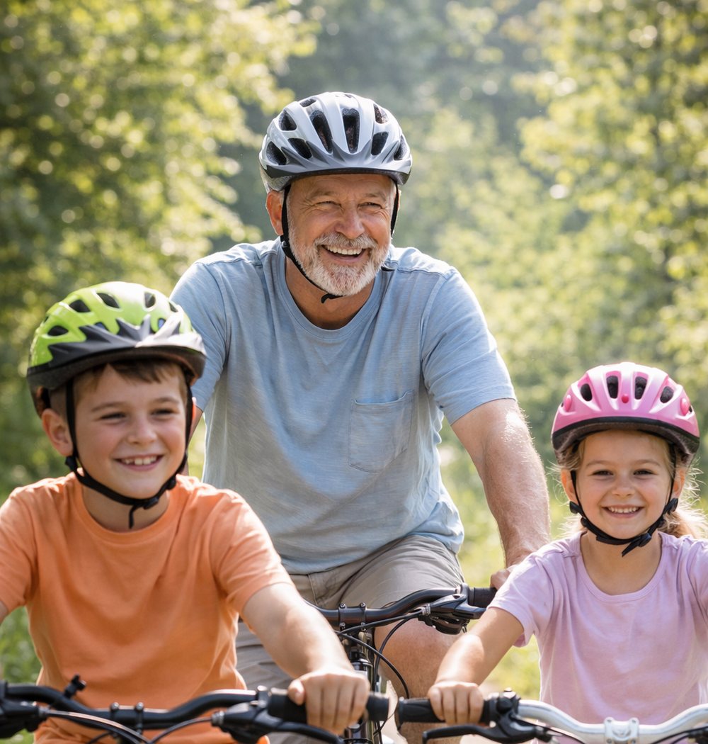 A grandfather out cycling with his grandchildren