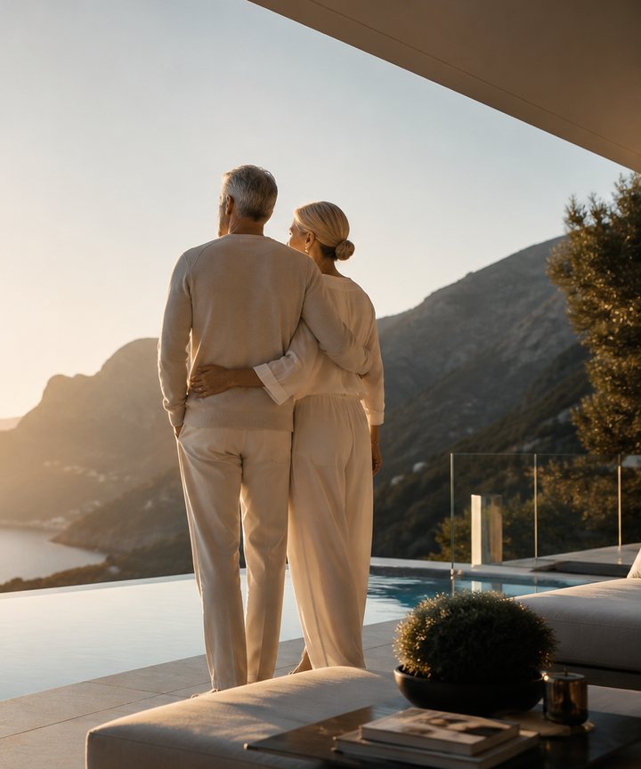 An older couple looking out to sea