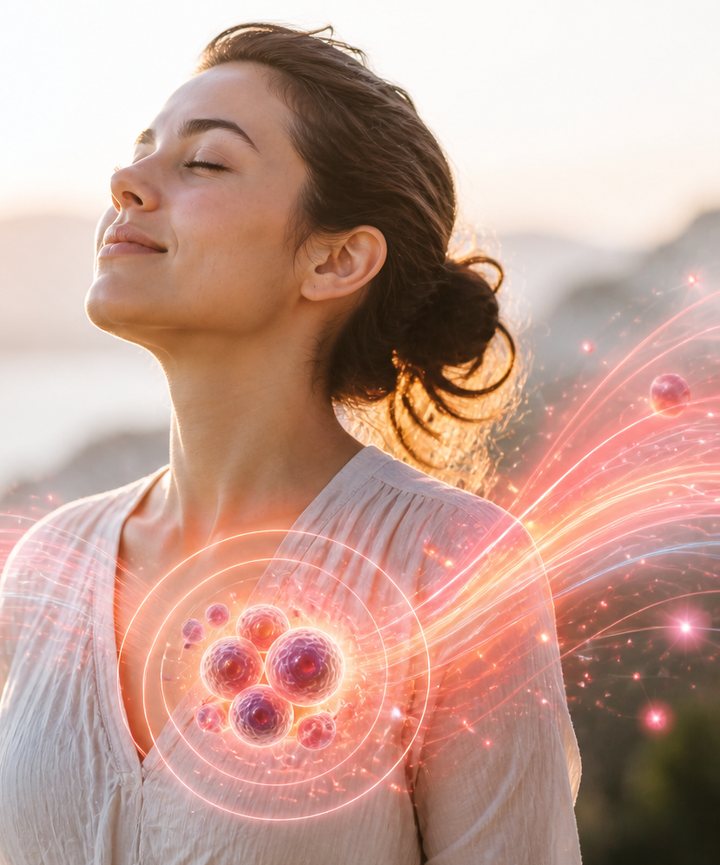 A woman breathing deeply in the sunshine
